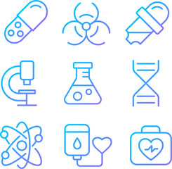 Science related pixel perfect gradient linear vector icons set. Medicine and biology. Healthcare research. Thin line contour symbol designs bundle. Isolated outline illustrations collection