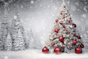 Fototapeta na wymiar a christmas tree with white snow and decorations, with red and silver balls. Merry Christmas and Happy Holidays greeting card, frame, banner. New Year. Winter xmas holiday theme. Generative AI