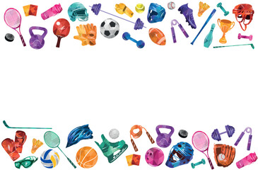 Sport vector colorful illustration background. Sports equipment inventory. Healthy lifestyle tools.