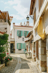 Sigacik streets, seaside town, quiet summer holiday, flowery streets, Seferihisar, Izmir, Turkey