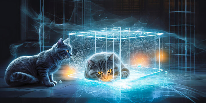 Enchanting Schroedinger's Cat image illustrates alive and dead states, with mesmerizing spectral lights and digital clock showing "alive" & "dead". Explore the quantum realm! Generative AI