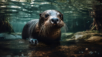 Obraz premium Giant River Otters in Freshwater Environments. Generative AI