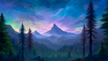Fototapeta na wymiar Fairy night forest and mountains, watercolor style illustration, generative ai