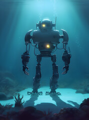 Fototapeta premium A humanoid robot in silver color walks across the landscape of the sandy ocean floor.