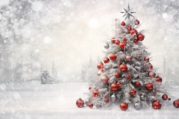a christmas tree with white snow and decorations, with red and silver balls. Merry Christmas and Happy Holidays greeting card, frame, banner. New Year. Winter xmas holiday theme. Generative AI