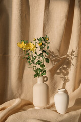 Still life with ceramic vases with flowers on the fabric. Beige colors.