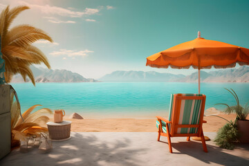 Fototapeta na wymiar Sea Beach with mountain view, relax and recreation concept, realistic 3D illustration, generative ai