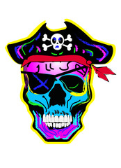 Skull vivid hand draw pirate illustration, with one eye.