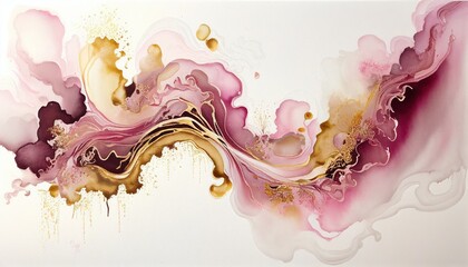 Liquid pink gold watercolor art background with gold splashes