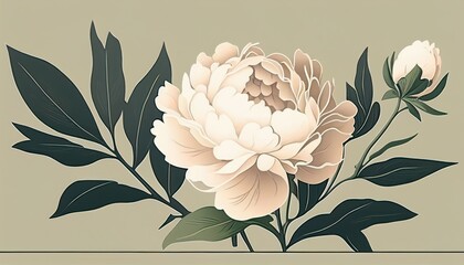Simple minimalistic white peony flower illustration on a plain colorful background