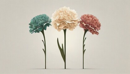  Simple minimalistic three carnation flower illustration on a plain colorful background