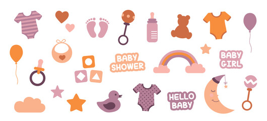 colorful set of baby utensils baby girl collection isolated on white vector illustration EPS10