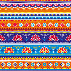 
Pakistani or Indian truck art vector seamless unique pattern with lotus flowers , decorative wallpaper, textile or fabric print design - 615423812