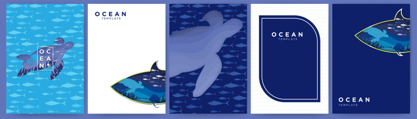 Set of Ocean and marine life themed poster layouts. Paper cut out concept of the ocean and sea life in turtle and fish silhouette. Copy space. Editable Vector Illustration. EPS 10. 