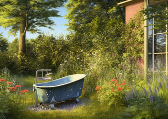 A modern backyard with a cozy and stylish bathroom.