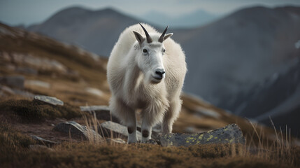 Obraz na płótnie Canvas Mountain Goat in the Serenity of a Winter Landscape. Generative AI