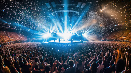 Große Konzerthalle von innen mit einem großen Publikum, von hinten mit blau-weißen Strahlern beleuchtete Bühne und aufgeheizter Atmosphäre - AI generated