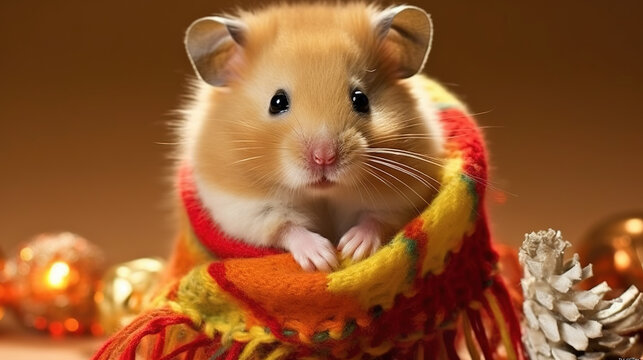 S&uuml;&szlig;er kleiner Hamster ist mit einem weihnachtlichen selbstgestrickten Halstuch bekleidet - AI generated
