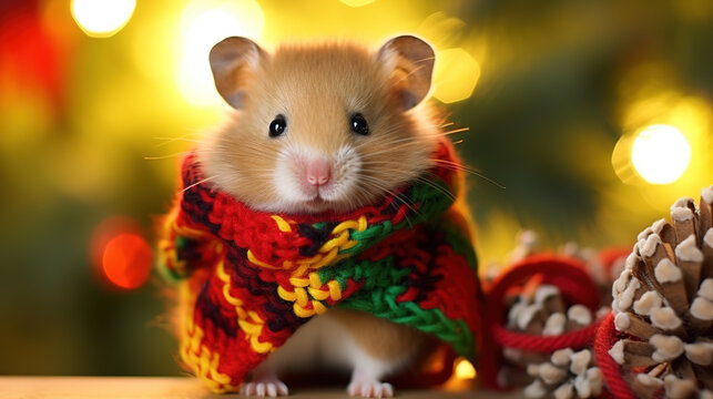 Süßer kleiner Hamster ist mit einem weihnachtlichen selbstgestrickten Halstuch bekleidet - AI generated