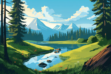 blue river in the mountain fir tree forest nature landscape illustration Generative AI