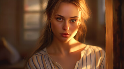 Fototapeta premium Blonde female model in striped shirt