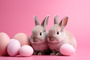 Fototapeta na wymiar Sweet Easter Delights: Adorable Little Bunnies with Pink Solid and Easter Eggs, Adorable, Little Bunnies, Easter Eggs, Pink Solid, Cute, Spring, Holiday, Celebration, Festive, 