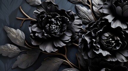 Dark peony flowers with gold luxury background. Generative AI