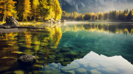 Naklejka premium Beautiful lake jasna in kranjska gora with visible reflections of Razor and Skrlatica in the wate