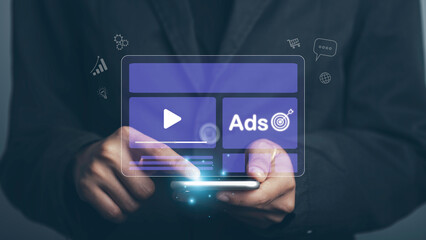 Target advertising online to success concept. programmatic Ad in feed on screen. Optimize advertisement target click through rate and conversion. Dashboard digital marketing strategy analysis.