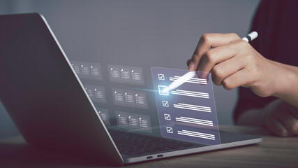 Checklist for business performance monitoring and document management  concept. Online survey filling out, digital form template checkbox. Assessments exam or Business choose doing list complete.
