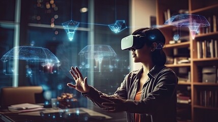 Photo of a woman immersed in virtual reality with a headset on


