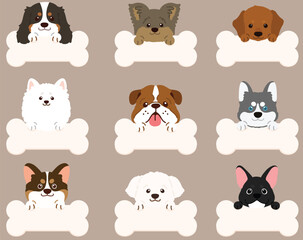 Set of flat colored cute and simple dog heads with front paws holding a bone