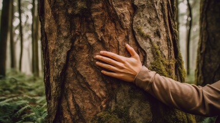 A person hugging a tree in a forest