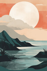 Fototapeta na wymiar Boho mountains, water and sun landscape illustration. Ai generated