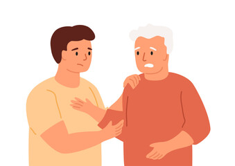 Fototapeta premium Scared elderly man with young guy who provides support. Dementia, depression, cognitive disorder concept. Worry old male, memory loss. Social worker, grandson help senior person. Vector illustration.