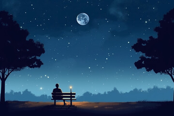 Lenely man sits on bench with view on moon