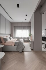 Naklejka na ściany i meble Modern and elegant style bedroom design. Generative AI