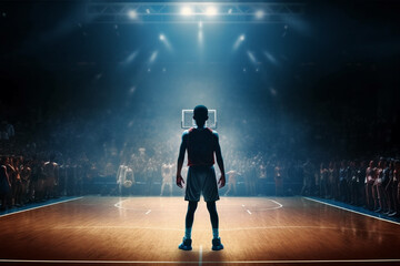 Fototapeta na wymiar Man stands on basketball court with light on foreground