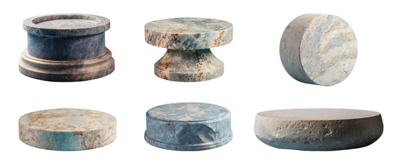 set of marble stone podiums for a luxe product display/ showcase. Isolated on a transparent background.