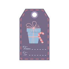 Christmas tag with gift and candy cane. Holiday gift label template.