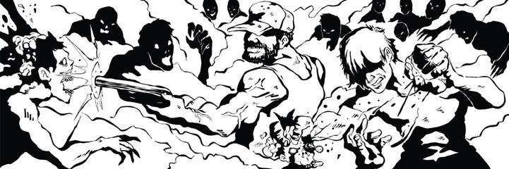 Zombie apocalypse survivors fighting against zombies vector art