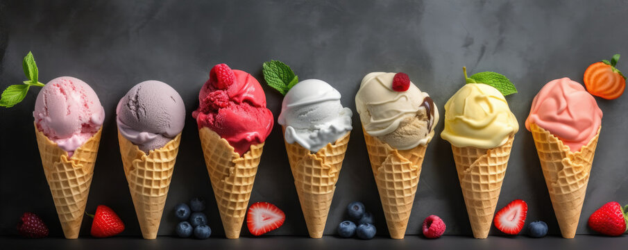Various of ice cream flavor in cones. wide banner. copy space for text. generative ai