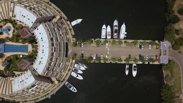 Aerial view of Isla Paraiso, a circle-shaped residential building in the city of Lecher&iacute;a, northern Anzo&aacute;tegui state, Venezuela