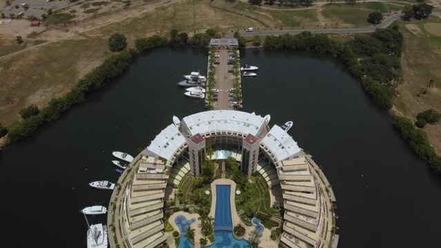 Aerial view of Isla Paraiso, a circle-shaped residential building in the city of Lecher&iacute;a, northern Anzo&aacute;tegui state, Venezuela
