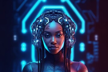 Illustration of a cyborg woman and Ai technology background , AI Generated.