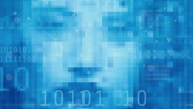 Artifical intelligence, digital identity, obscured Pixelated face, binary code - 4k abstract blue background