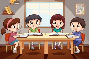 Cartoon children studying in their school. Generative AI