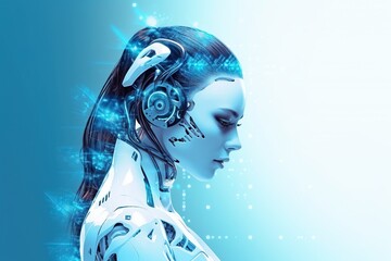 Illustration of a cyborg woman and Ai technology background , AI Generated.