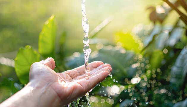 Ethereal Morning Gentle Water Cascades onto a Hand, Bathed in Soft Morning Light, Surrounded by Lush Green Leaves, Crafting a Beautiful Blurry Ambience concept save water