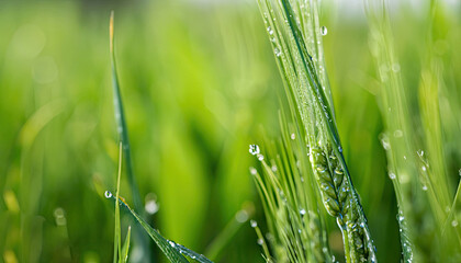 fresh green wheat dew drops on cool green wheat field, close-up shot of wheat with blured background for copy space